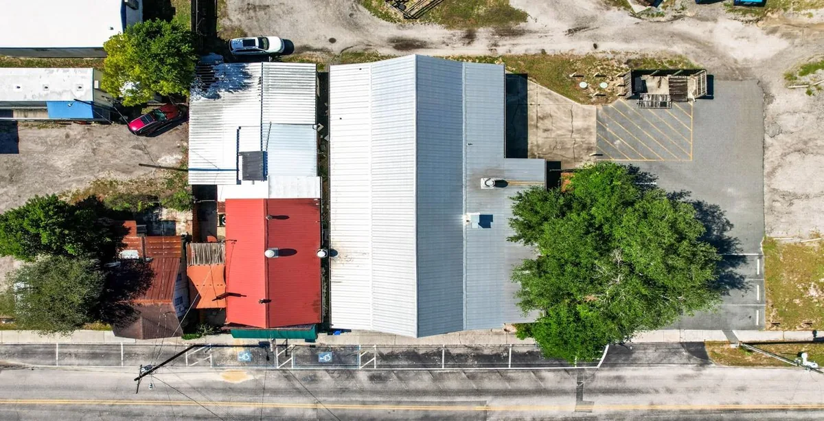 Actual overhead image of restaurant roofline and surrounding improvements